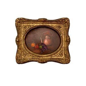 Painting Still Life Fruit Oil on Board in Plaster Frame Vintage Miniature Art